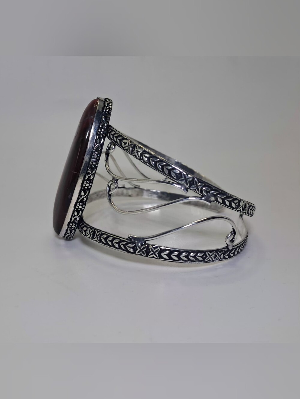 Vintage 925 Sterling Silver Red Tiger's Eye Oval Statement Cuff Bracelet - Picture 6 of 11